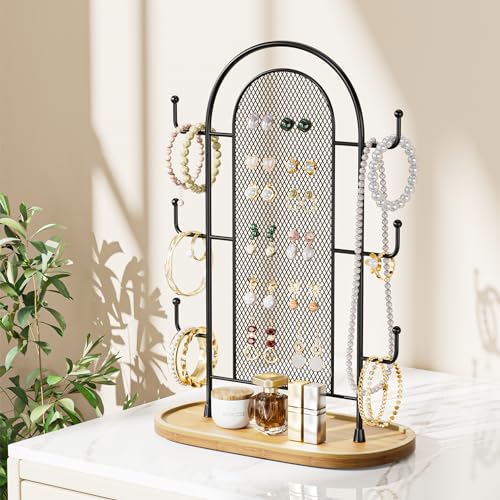 bussdis Jewelry Holder Organizer Earring Display - Earring Storage Tree Stands Towers With 6 Hooks 300 Studs Wood Tray Black Metal Rack - color: Black