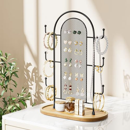 bussdis Jewelry Holder Organizer Earring Display - Earring Storage Tree Stands Towers With 6 Hooks 300 Studs Wood Tray Black Metal Rack - color: Black