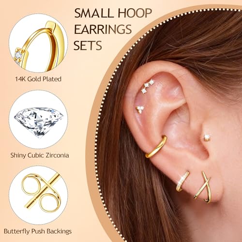 14K Gold Plated Hypoallergenic Stud Hoop Earrings Sets for Women | 7 Pairs Gold Earrings for Women Trendy, Cartilage Earring Lightweight Helix Lobe Tragus Conch Earrings for Women - color: 14K Gold Plated