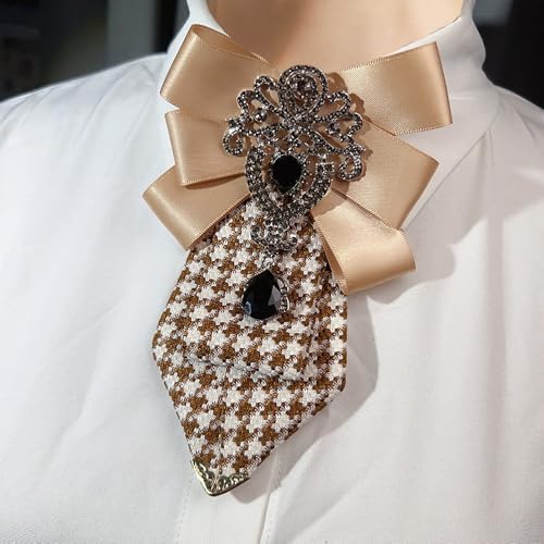 Men's Teardrop Rhinestone Bow Pre-Tied Brooch for Unisex Elegant Crystal Satin Fabric Houndstooth Ribbon Neck Tie Brooches Lapel Pins Wedding Prom Party Costume Bow Tie - color: Brown