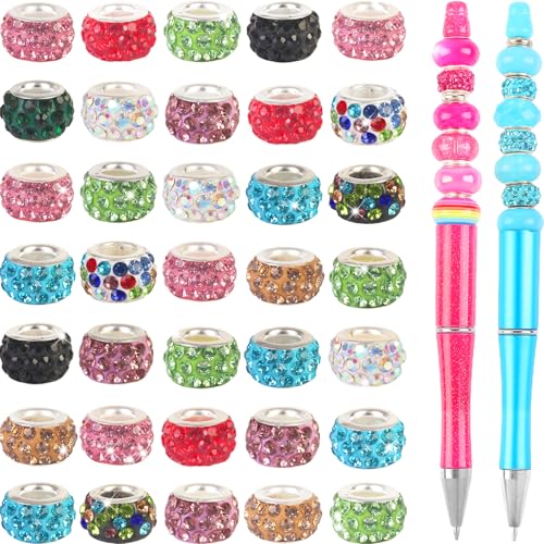 60Pcs Rhinestone Large Hole Beads Spacer Beads Mixcolor European Craft Big Beads Large Hole Rhinestones Lampwork Murano Bead Fairy Wand Garden Beads for DIY Bracelet Necklace Jewelry Making Supplies - color: Mixcolor Color, size: 60pcs