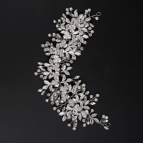 Silver Hairband for Wedding, Big Flower Vine Leaf Headband Rhinestone Headpiece for Bride Bridesmaid Flower Girl Wedding Prom Birthday Party - color: Silver