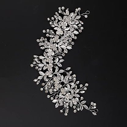 Silver Hairband for Wedding, Big Flower Vine Leaf Headband Rhinestone Headpiece for Bride Bridesmaid Flower Girl Wedding Prom Birthday Party - color: Silver