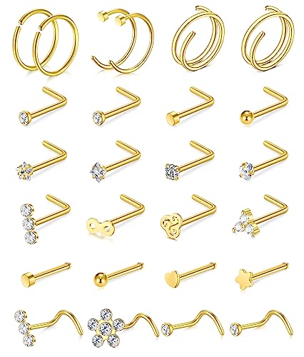 Longita 20g Nose Rings Hoop L Shape Nose Studs Stainless Steel Nose Screw Bone Flat Top Diamond Opal Heart High Nostril Piercing Jewelry Silver Rose Gold Black Pack for Women Men - color: 52-20g-gold