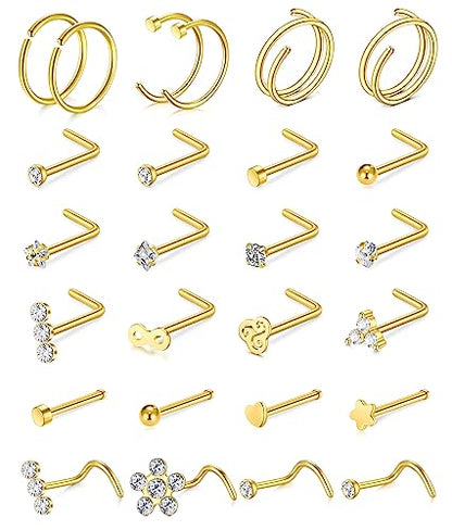 Longita 20g Nose Rings Hoop L Shape Nose Studs Stainless Steel Nose Screw Bone Flat Top Diamond Opal Heart High Nostril Piercing Jewelry Silver Rose Gold Black Pack for Women Men - color: 52-20g-gold