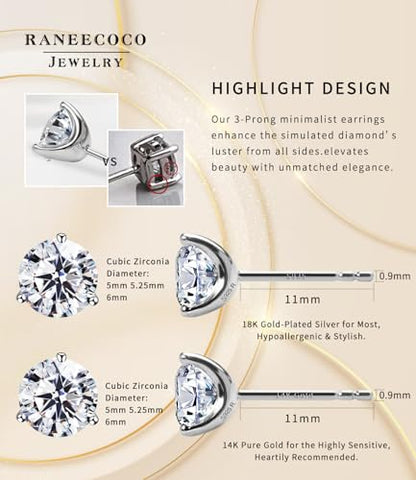 "STUNNING FLAME" 18K Gold Plated Silver Brilliant Cut Simulated Diamond Cubic Zirconia Stud Earrings - color: Gold Plated Sterling Silver - Rose, size: 0.9 Carat-(0.45ct*2)-5mm