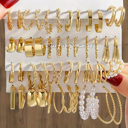 14K Gold Plated Geometric Hoop Earrings for Women Chunky Hypoallergenic Thick Lightweight Jewelry - color: Gold-24 Pairs-B
