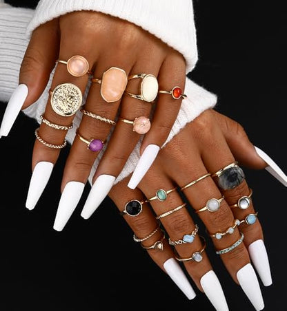 iF YOU 25 Pcs Gold Stackable Ring Set for Women, Chunky Knuckle Finger Midi Rings, Silver Simple Stacking Cute Rings Pack Trendy Stuff Jewelry Gift - style: 24 Small gem rings-size 1.2-7.4