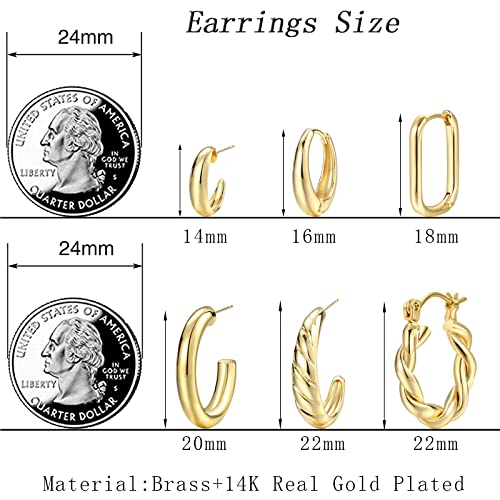 Gold Hoop Earrings Set for Women, 6 Pairs 14K Gold Plated Lightweight Hypoallergenic Chunky Open Twisted Hoops Earrings Pack Jewelry - color: Gold Twisted