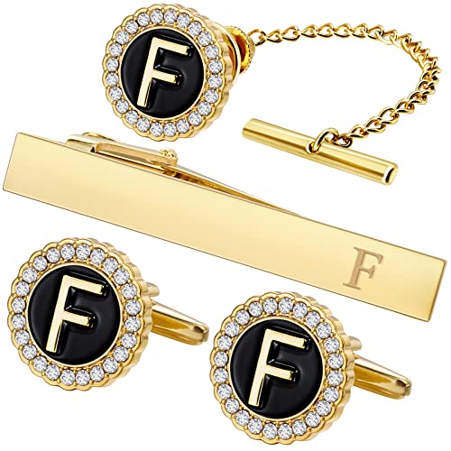 HAWSON Tie Clips, Cufflinks, Tie Tack & Lapel Pins for Men - Suitable for Neckties and French Cuff or Dress Shirt Suits - Jewelry Box Packed, Initials Designed - style: F-4pcs Sets