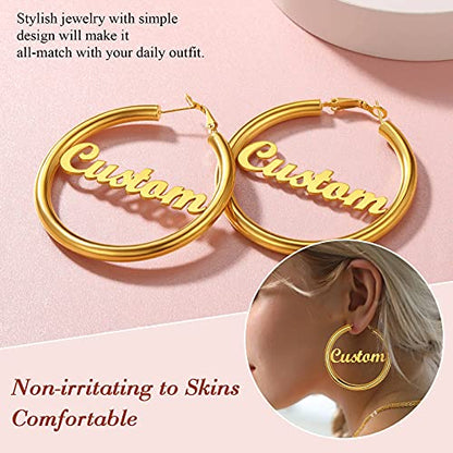 FindChic Hoop Earrings for Women, Silver/Black/14K Gold Plated Hypoallergenic Hollow Round Tube Loop Earrings, 20mm/30mm/40mm/60mm/80mm Chunky Hoops with Custom Name Options & Gift Box - color: f.Gold (Custom Name), size: 40MM