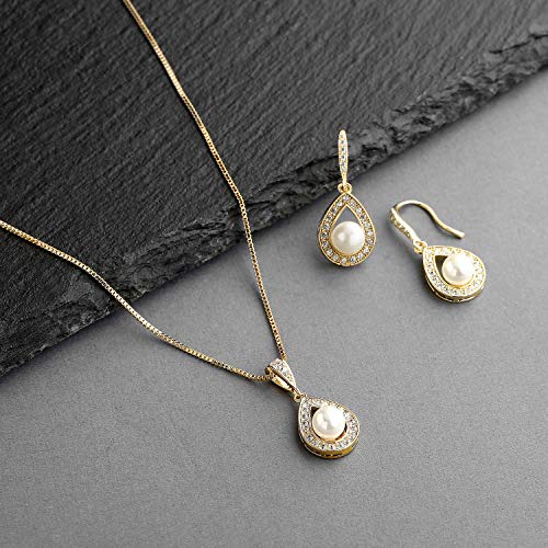 Mariell Pearl Necklace and Drop Earrings Wedding Jewelry Set for Brides, Bridesmaids, Birthday Gift - color: Gold