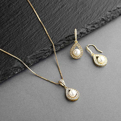 Mariell Pearl Necklace and Drop Earrings Wedding Jewelry Set for Brides, Bridesmaids, Birthday Gift - color: Gold