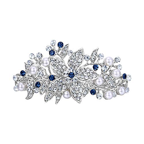 EVER FAITH Austrian Crystal Bridal Hibiscus Cream Simulated Pearl Hair Clip Barrette Blue Silver-Tone - color: Blue