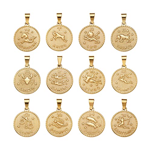 Mega Pet 12pcs Stainless Steel Twelve Constellation Zodiac Sign Pendants Charms Golden Flat Round Horoscope Jewelry Charms for Bracelets Necklaces Jewerly Making - size: 29x25x3.2mm#Twelve Constellation