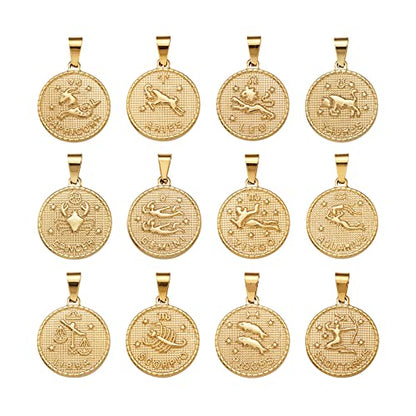 Mega Pet 12pcs Stainless Steel Twelve Constellation Zodiac Sign Pendants Charms Golden Flat Round Horoscope Jewelry Charms for Bracelets Necklaces Jewerly Making - size: 29x25x3.2mm#Twelve Constellation