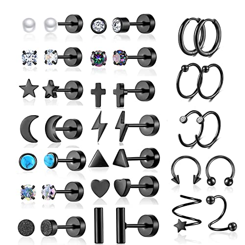 38Pcs Stainless Steel Earrings Set for Women Men 14K Gold Plated Small Flat Back Stud Earrings Hoop Earrings Women Men Hypoallergenic Cubic Zirconia Earrings Cartilage Earrings Rook Daith Tragues Lobe Conch Septum Piercing Jewelry - color: C:Black