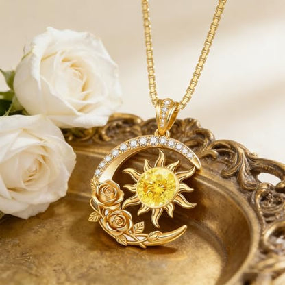 Midari 18K Yellow Gold Sun Moon Star Pendant Rose Flower Necklaces I Love You Forever Sun Moon Jewelry Gift for Mother Women - color: 11-Nov-Citrine, style: Sun&Moon