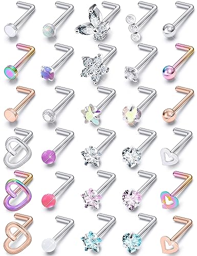 Prjndjw 20G 18G Nose Rings Studs Surgical Steel Nose Stud Glow Dark Heart Opal CZ Flower Nose Piercing Jewelry Nose Rings for Women Straight Screw L Shaped Nose Rings Hypoallergenic Nose Piercing Kit - color: 18G-L Shape nose rings
