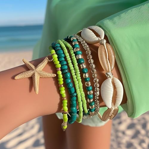 Bohemian Starfish Bracelets for Women - Adjustable Stackable Beach Bracelets, Handmade Stretchy Beaded Summer Jewelry, Perfect for Surf & Waterproof Fun - color: Green