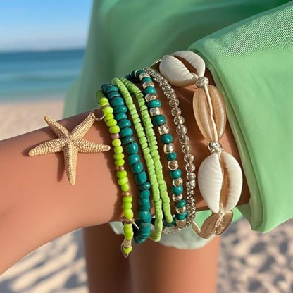 Bohemian Starfish Bracelets for Women - Adjustable Stackable Beach Bracelets, Handmade Stretchy Beaded Summer Jewelry, Perfect for Surf & Waterproof Fun - color: Green