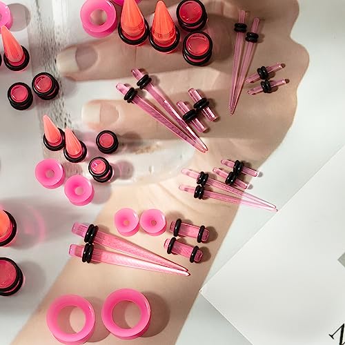 50-Piece Ear Gauges Stretching Kit, 14G-00G | Acrylic tapers and plugs with soft silicone tunnels, body piercing jewelry for women and men - color: Pink