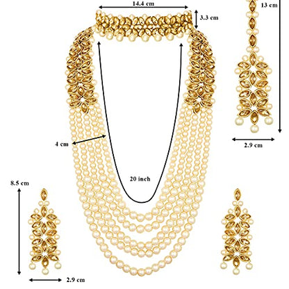 Aheli Wedding Party Wear Bridal Jewellery Choker Long Pearl Necklace Earrings Maang Tikka Indian Traditional Set Gift for Women - color: Champagne