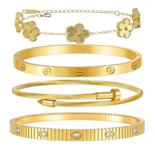 Womens Stackable Floral Gold Bracelets - 4Pcs 18K Gold Plated Bracelet,Stainless Steel Bangle Bracelets Non Tarnish, Gold Bracelet Set Trendy Jewelry,Christmas Valentines Birthday Gifts for Girlfriend - color: Bracelets Stack 4Sets (Floral Gold Bracelets,