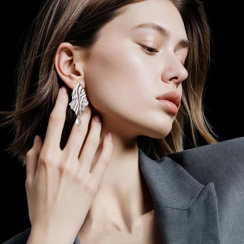 Large Geometric Drop Dangle Earrings for Women Pearl Teardrop Disc Rectangle Oval Fishtail Shell Shaped Textured Dangle Studs Earrings for Women - color: Silver-Pearl