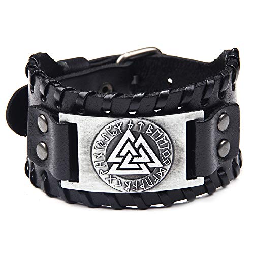 GelConnie Viking Bracelet Punk Leather Cuff Bracelet Gothic Leather Wristband Bracelet with Nordic Amulet Scandinavian Talisman Celtic Pagan Jewelry - color: Black Valknut