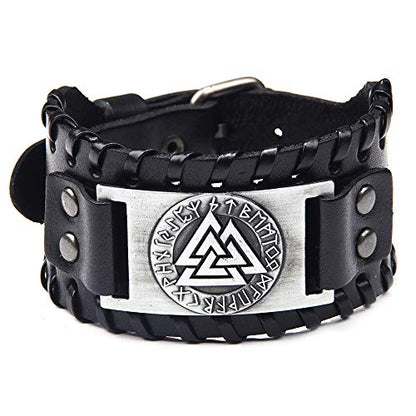 GelConnie Viking Bracelet Punk Leather Cuff Bracelet Gothic Leather Wristband Bracelet with Nordic Amulet Scandinavian Talisman Celtic Pagan Jewelry - color: Black Valknut