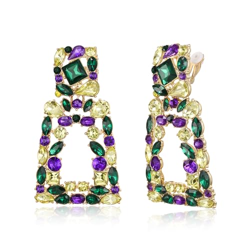 Flyonce Rectangle Clip-on Drop Earrings for Women, Sparkly Rhinestone Crystal Geometric Statement Non Pierced Earring Wedding Prom Party Jewelry for Brides Bridesmaid - color: Mardi Gras