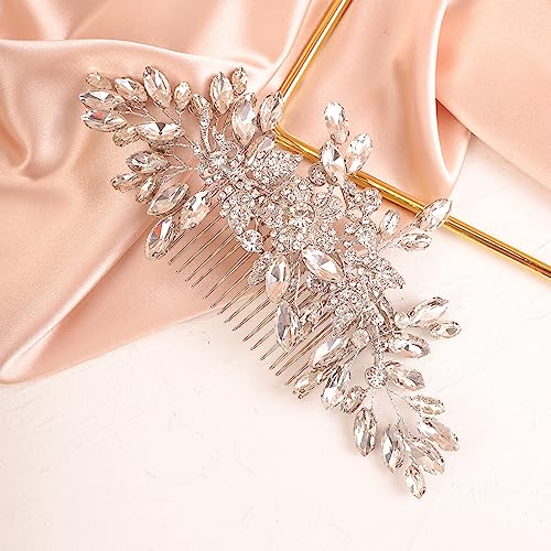 Wedding Silver Flower Leaf Crystal Rhinestone Hair Comb Teardrop Crystal Rhinestone Beads Hair Comb Wedding Hair Accessories for Women Girls