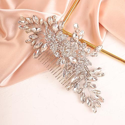 Wedding Silver Flower Leaf Crystal Rhinestone Hair Comb Teardrop Crystal Rhinestone Beads Hair Comb Wedding Hair Accessories for Women Girls