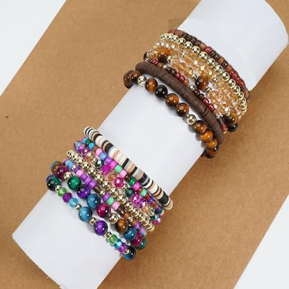 7/12Pcs Set Bohemian Stackable Crystal Seed Beaded Elastic Stretch Bracelet Multilayerd Handmade Brass Bead for Women Jewelry Surfer Heishi Polymer Clay Layering - color: brown