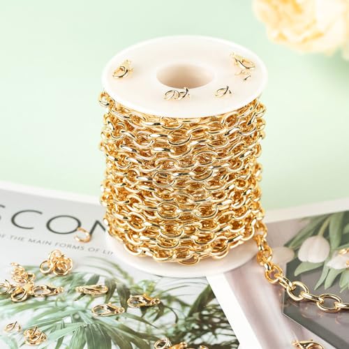 KYUNHOO 5 Meters Gold Plated Iron Chains for Jewelry Making Oval Circle Link Chain Roll Chunky Cable Chains for Necklace Bracelet Making Finding Jewelry Supplies - color: 9.6x6.7mm-Gold