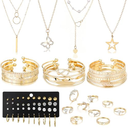 46Pcs Gold Jewelry Set for Women with 5 Necklace, 12 Bracelet, 5 Hoop Earrings, 15 Stud Earrings and 9 Rings Jewelry Set For Gifts for Women. - style: Gold Jewelry Set -K