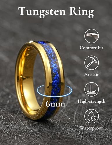 King Will Mens Wedding Band with Foils Inlay, Black/Silver/Gold | Black, 6mm/8mm, Beveled Edge, Comfort Fit, Glowstone Ring, Everyday Wear - color: Gold&Blue-6mm