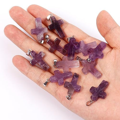12PCS Natural Stone Cross Pendant Gemstone Charms Bulk for Jewelry Making | Healing Crystal Quartz Chakra Reiki Gemstone Pendants Charms Bulk for Necklace Craft - color: Amethyst Cross