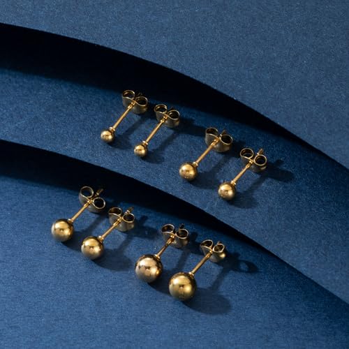 BMMYE 4 Pairs Silver Stud Earrings for Women Stainless Steel Ball Earrings | Small 14 Gold Plated Earrings Studs Set with Cubic Zirconia Waterproof Hypoallergenic Silver Ball Earring for Women - color: 4pair gold ball