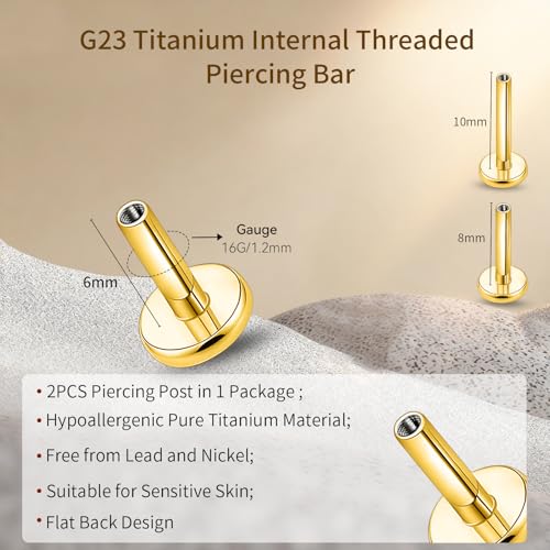 limerencia 16G/18G Hypoallergenic Internal Threaded Titanium Bar Post Replacement,Flat Back Stud Earrings Post Medusa Helix Couch Labret Bar for Women Men Sensitive Ears(A Pair) - color: gold tone, size: 16G-6mm