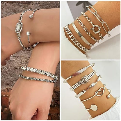 IFKM 36 PCS Silver Plated Jewelry Set with 3 PCS Necklace, 12 PCS Bracelet, 7 PCS Ear Cuffs Earring, 14 Pcs Knuckle Rings for Women Valentine Anniversary Birthday Friendship Gift - color: 41pcs Fashion Silver
