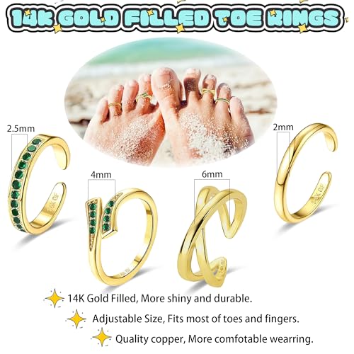 LOFITOR 4PCS Gold Toe Rings for Women Non Tarnish Waterproof Toe Ring Set | 14K Gold Filled Dainty Stackable Cute Thin Adjustable Open Band Toe Ring Cz Foot Jewelry For Beach Summer Hawaiian - style: Green CZ Style