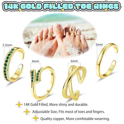 LOFITOR 4PCS Gold Toe Rings for Women Non Tarnish Waterproof Toe Ring Set | 14K Gold Filled Dainty Stackable Cute Thin Adjustable Open Band Toe Ring Cz Foot Jewelry For Beach Summer Hawaiian - style: Green CZ Style