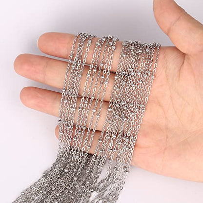 33FT 2mm Stainless Steel Satellite Cable Chain Roll Bulk for Jewelry Making | 304 Stainless Steel Flat Cable Link Ball Beaded Satellite Chains Spool for DIY Craft - color: Stainless Steel Small Beads Satellite Cable Chain