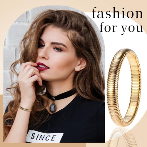 NMQLX Women's Elastic Bangle Bracelets: Stainless Steel Gold Chunky Wristband Bracelets - color: Gold - 10mm