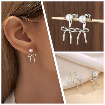 Gold Silver Pearl Earrings for Women - Hoop Earrings for Women Trendy 14K Gold Plated/Silver Twist Rope Bow Stud Bow Pearl Huggie Earring Hoops Pearls Dangle Cubic Zirconia Earring Jewelry Gift Womens - color: Silver bow
