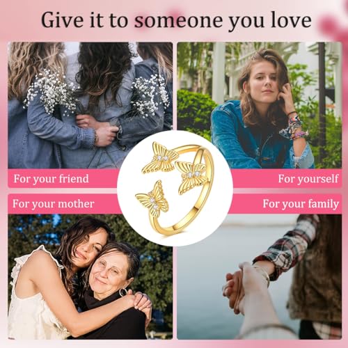 LAZA 925 Sterling Silver Ring for Women Statement Adjustable Open Ring | 14K Gold Plated Butterfly Cat Fish Evil Eye Flower Cross CZ Stackable Trendy Eternity Ring for Women Jewelry Gifts - color: Butterfly