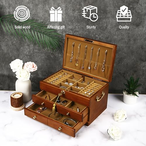 Wooden Jewelry Box with Lock and Key, Medium Size Case, 2 Drawers | Real Natural Wood Lockable Antique Organizer with Large Storage, Ring Compartments, Necklace Hooks