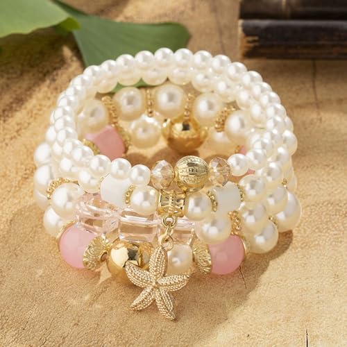 Bohemian Pearl Bracelet Set, 4 Piece Elastic Stretch Beaded Wrist Chain with Starfish Pendant, Boho Faux Pearl Multi-Color Stackable Bracelets for Women - color: Pink